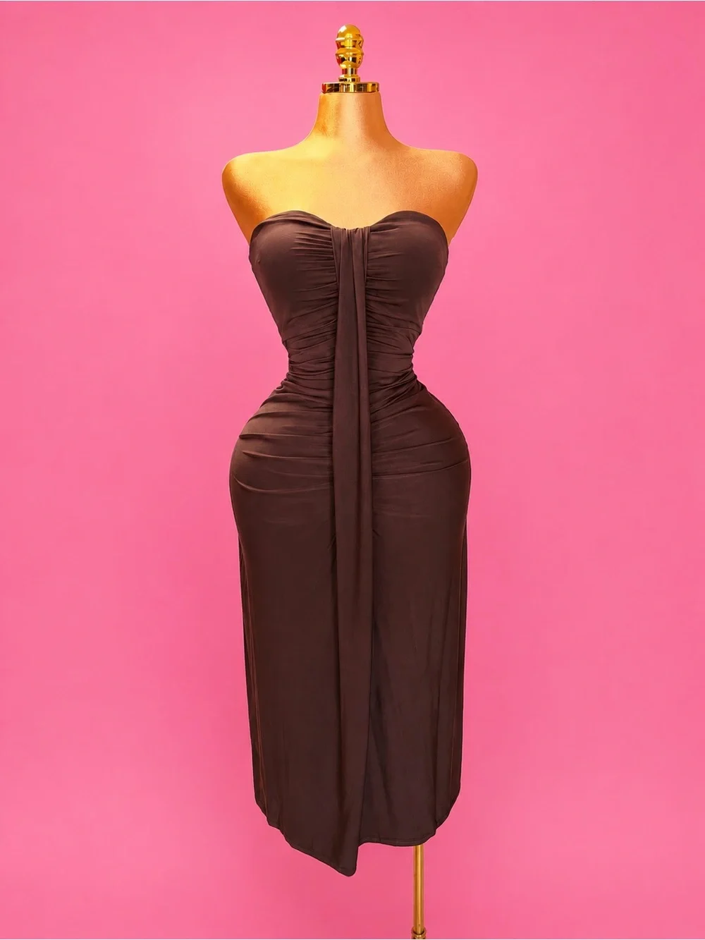 Strapless Brown Ruched Midi Dress